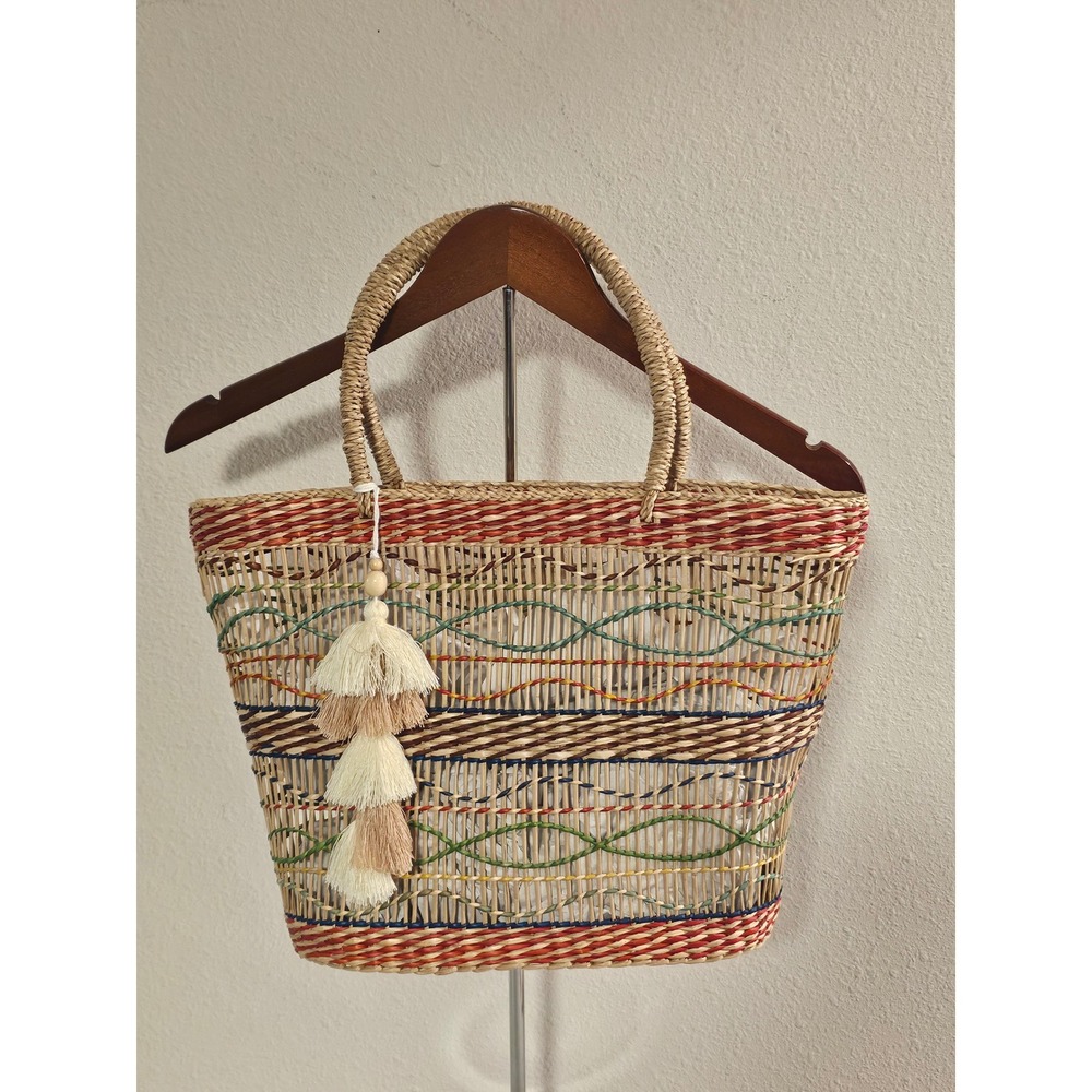 C&C California Large Straw Tote Bag Multicolor Woven Tassel Detail